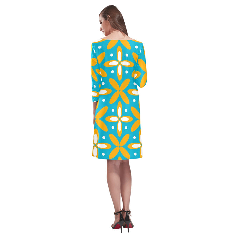 blue gold print petals Rhea Loose Round Neck Dress(Model D22) - Objet D'Art