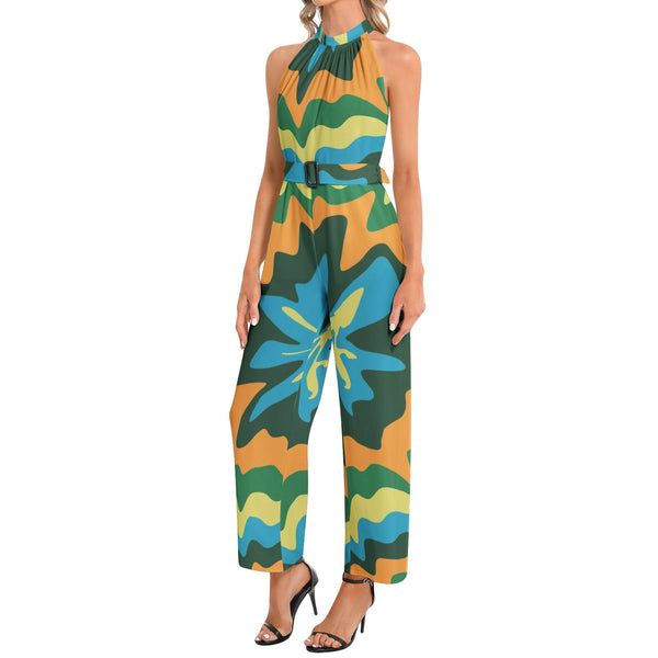 Halter Neck Buckle Belted Jumpsuit - Objet D'Art