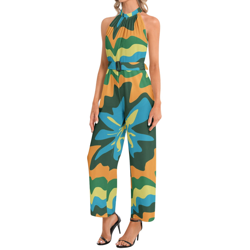 Halter Neck Buckle Belted Jumpsuit - Objet D'Art