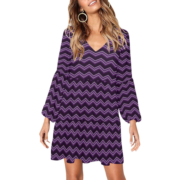 herringbone purple print 2A V-Neck Loose Fit Dress (Model D62) - Objet D'Art
