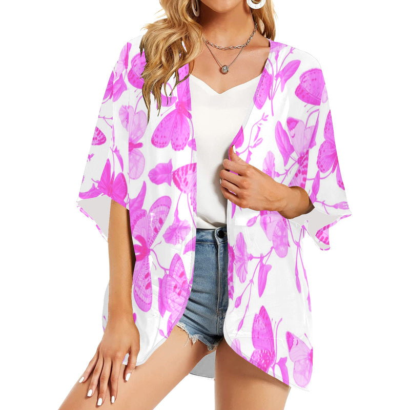butterfly pink on white print Women's Kimono Chiffon Cover Up (Model H51) - Objet D'Art