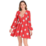 Lantern Sleeve Deep V-Neck Short Dress - Objet D'Art
