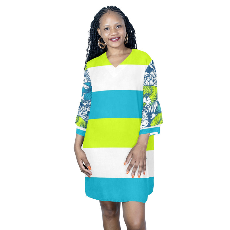 pisces neon green blue ombre print Half Sleeves V-Neck Mini Dress (Model D63) - Objet D'Art