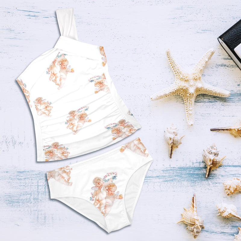 off white cheribum print Women's One Shoulder Backless Swimsuit (Model S44) - Objet D'Art