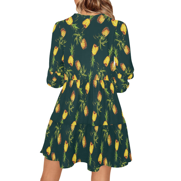 pineapple green print 4 V-Neck Loose Fit Dress (Model D62) - Objet D'Art