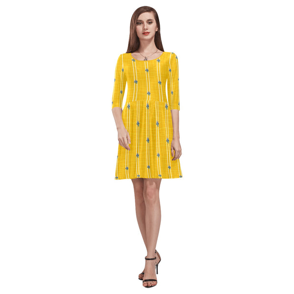 TURMERIC striped floral print Tethys Half-Sleeve Skater Dress(Model D20) - Objet D'Art