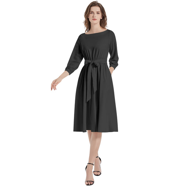 Black Boat Neck Belted Flared Dress - Objet D'Art