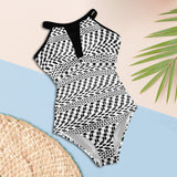 bw print A2 geometry Women's High Neck Plunge Mesh Ruched Swimsuit (S43) - Objet D'Art