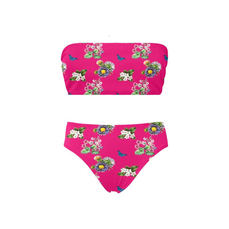 pink floral butterfly print Chest Wrap Bikini Swimsuit (Model S36) - Objet D'Art