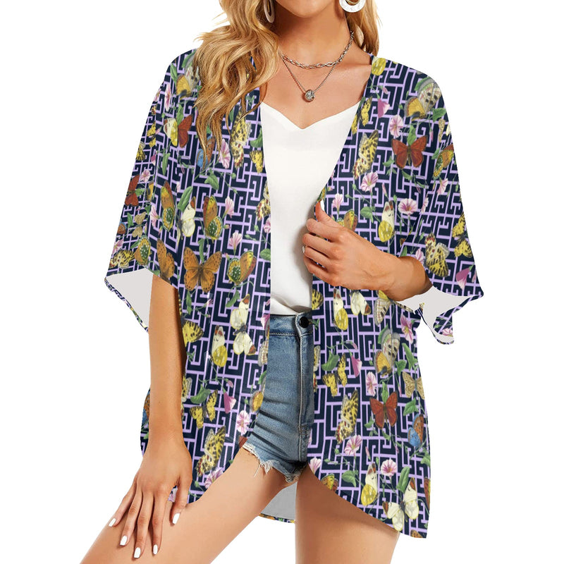 grk butterfly print 2 Women's Kimono Chiffon Cover Up (Model H51) - Objet D'Art
