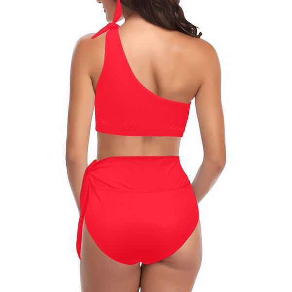 scarlet flame print 2 High Waisted One Shoulder Bikini Set (Model S16) - Objet D'Art