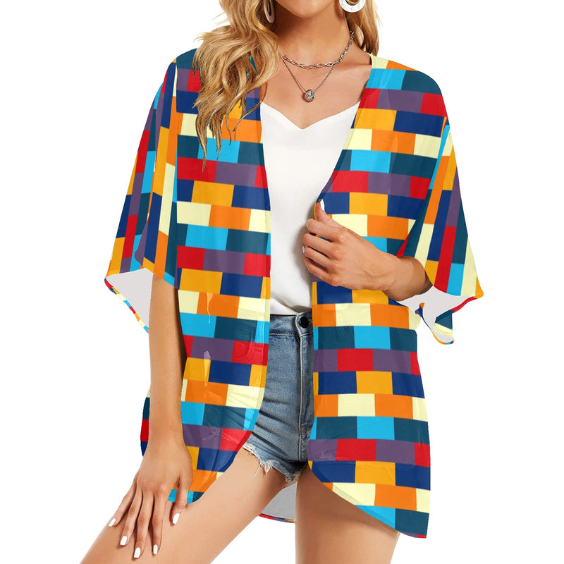 self portrait color scheme print Women's Kimono Chiffon Cover Up (Model H51) - Objet D'Art