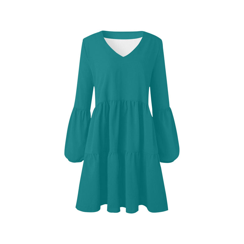 light pine green solid print V-Neck Loose Fit Dress (Model D62) - Objet D'Art