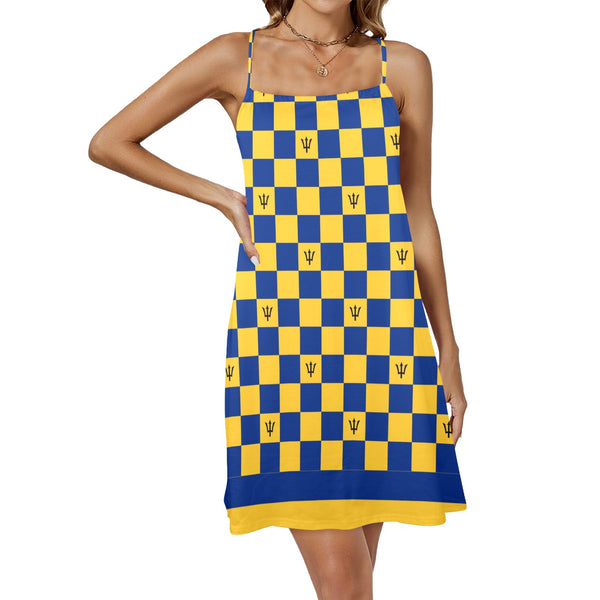 barbados striped checkered trident Drawstring Neck Sleeveless Dress (Model D68) - Objet D'Art