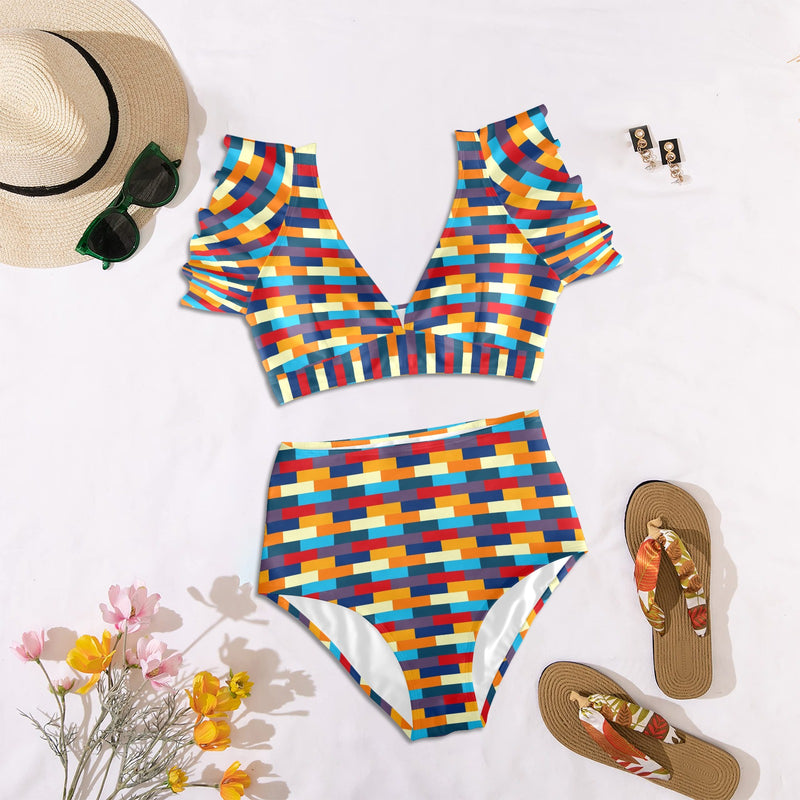 self portrait color scheme print Women's Ruffle Sleeve Bikini Swimsuit (Model S42) - Objet D'Art