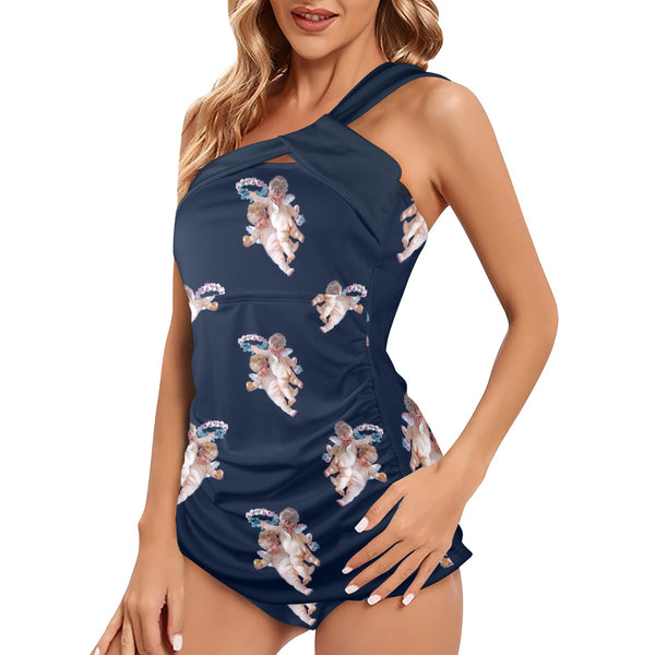 dark blue print 2 Women's One Shoulder Backless Swimsuit (Model S44) - Objet D'Art