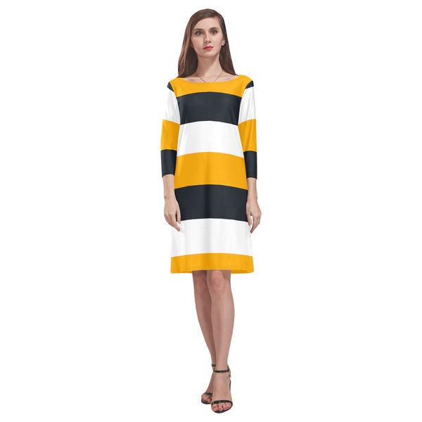striped gold white black print Rhea Loose Round Neck Dress(Model D22) - Objet D'Art
