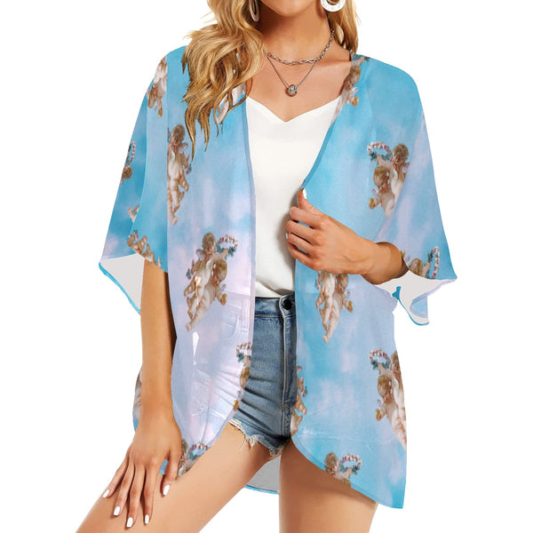 cheribum in the clouds print 3 Women's Kimono Chiffon Cover Up (Model H51) - Objet D'Art
