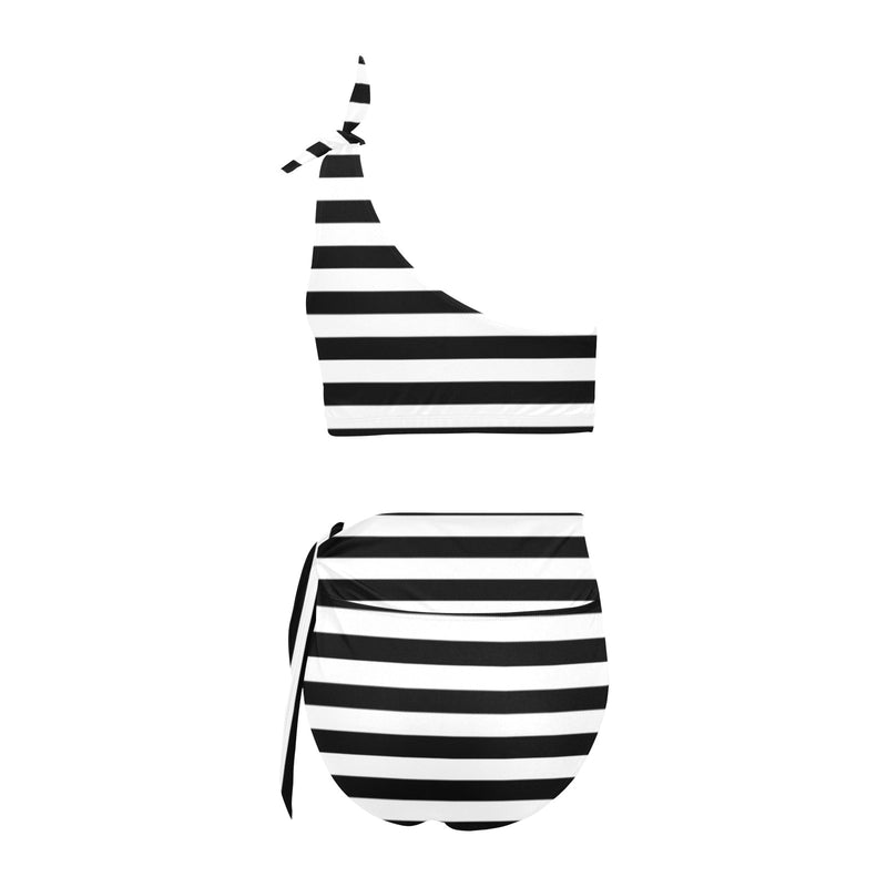 bw thin striped print 3 High Waisted One Shoulder Bikini Set (Model S16) - Objet D'Art