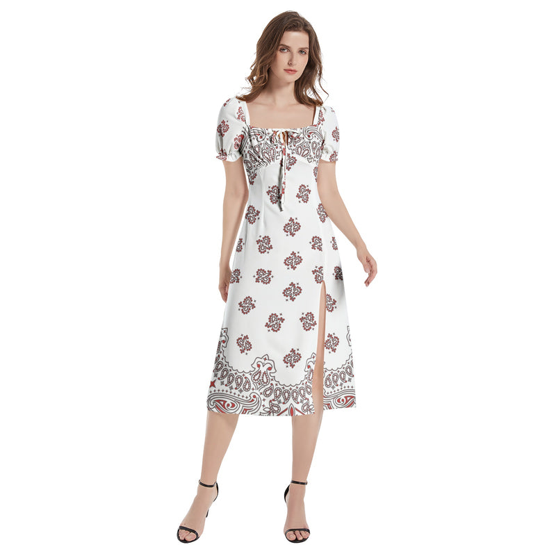 Bandana Art Puff Sleeve Split Thigh Midi Dress - Objet D'Art
