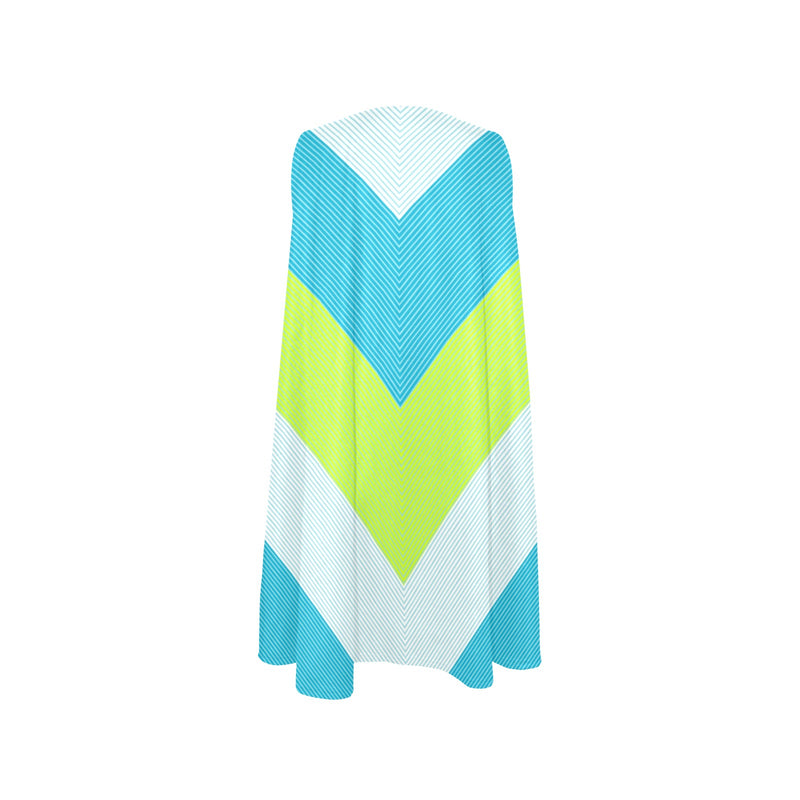 v striped neon green blue white print 5 Sleeveless A-Line Pocket Dress (Model D57) - Objet D'Art