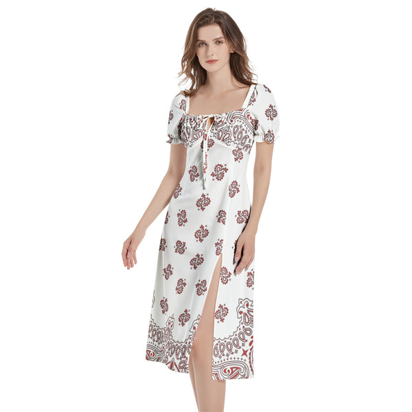 Bandana Art Puff Sleeve Split Thigh Midi Dress - Objet D'Art