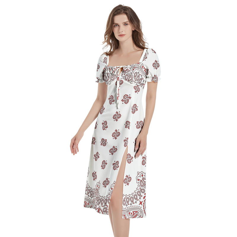 Bandana Art Puff Sleeve Split Thigh Midi Dress - Objet D'Art