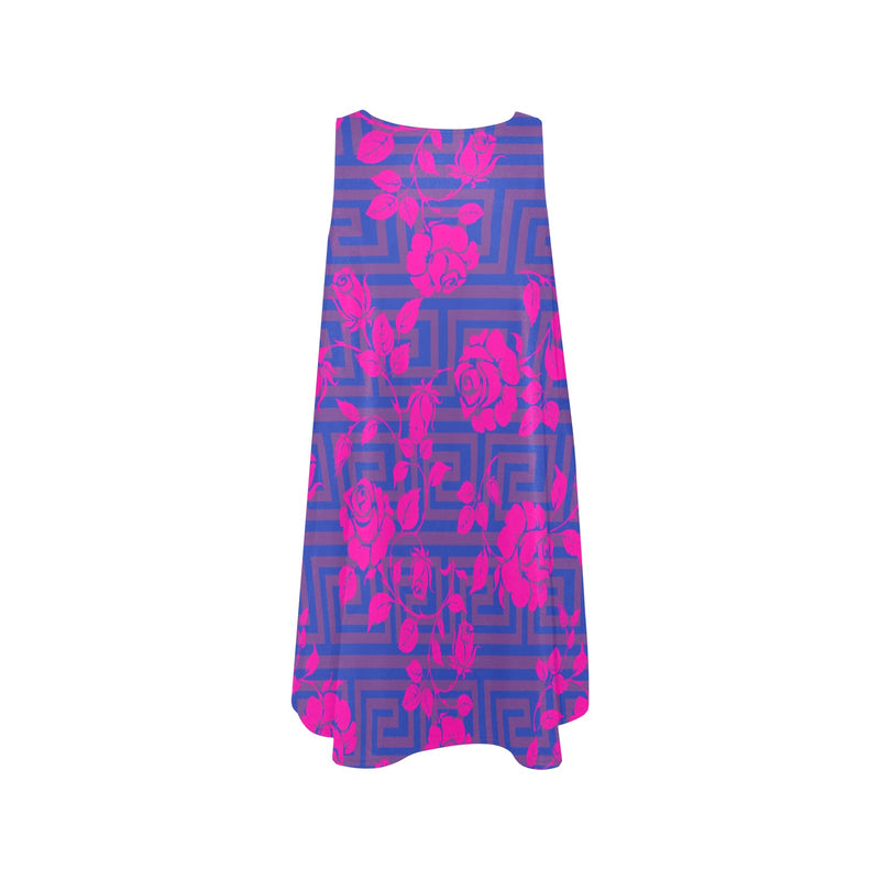blue mauve greek key fuchsia rose print 4 Sleeveless A-Line Pocket Dress (Model D57) - Objet D'Art
