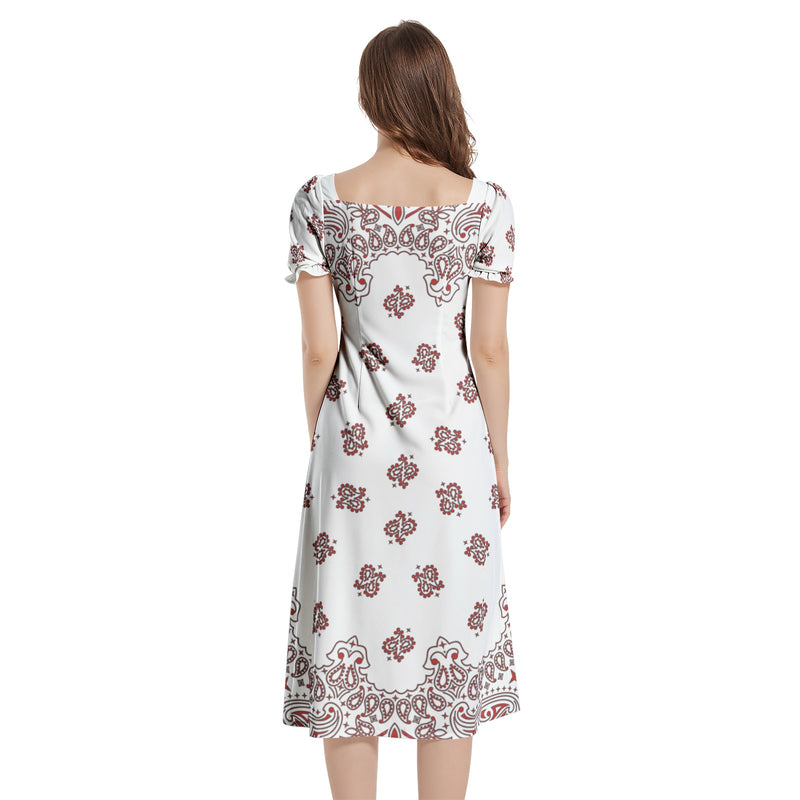 Bandana Art Puff Sleeve Split Thigh Midi Dress - Objet D'Art