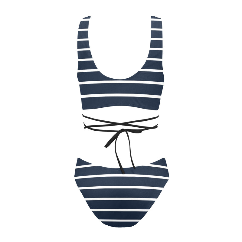 dk blue striped print 2 A B Cross String Bikini Set (Model S29) - Objet D'Art