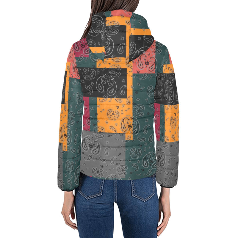 bandana print calico yoga_leggings_template-Recovered-Recovered copy Women's Padded Hooded Jacket (Model H46) - Objet D'Art