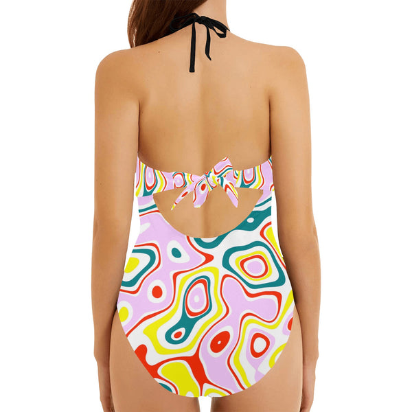 colored splat print 2 Backless Hollow Out Bow Tie Swimsuit (Model S17) - Objet D'Art