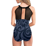 scroll blue print Women's High Neck Plunge Mesh Ruched Swimsuit (S43) - Objet D'Art