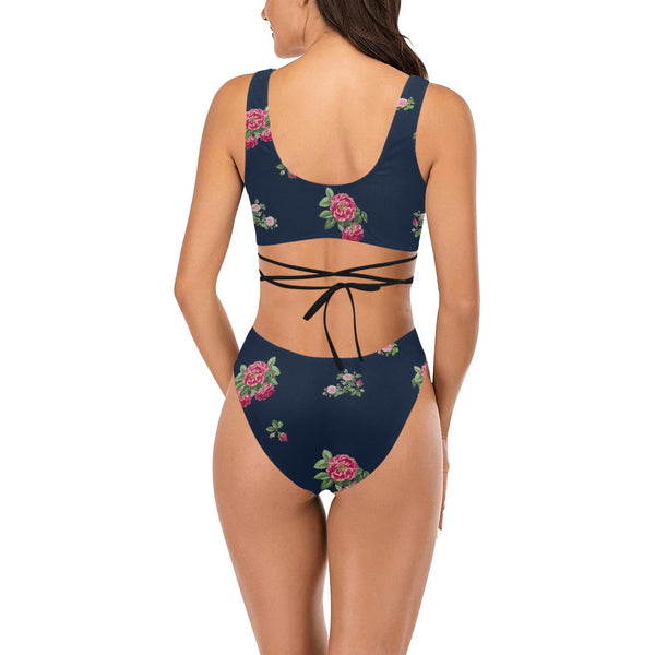 floral blue rose print 5 Cross String Bikini Set (Model S29) - Objet D'Art