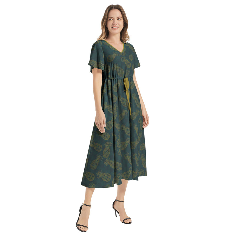 Flutter Sleeve Drawstring Waist Flared Dress - Objet D'Art