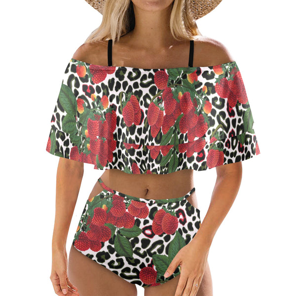 rasp leopard print 3 Women's Ruffle Off Shoulder Bikini Swimsuit (Model S45) - Objet D'Art