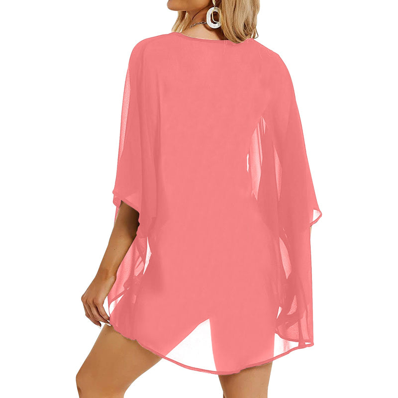 salmon solid one Women's Kimono Chiffon Cover Up (Model H51) - Objet D'Art