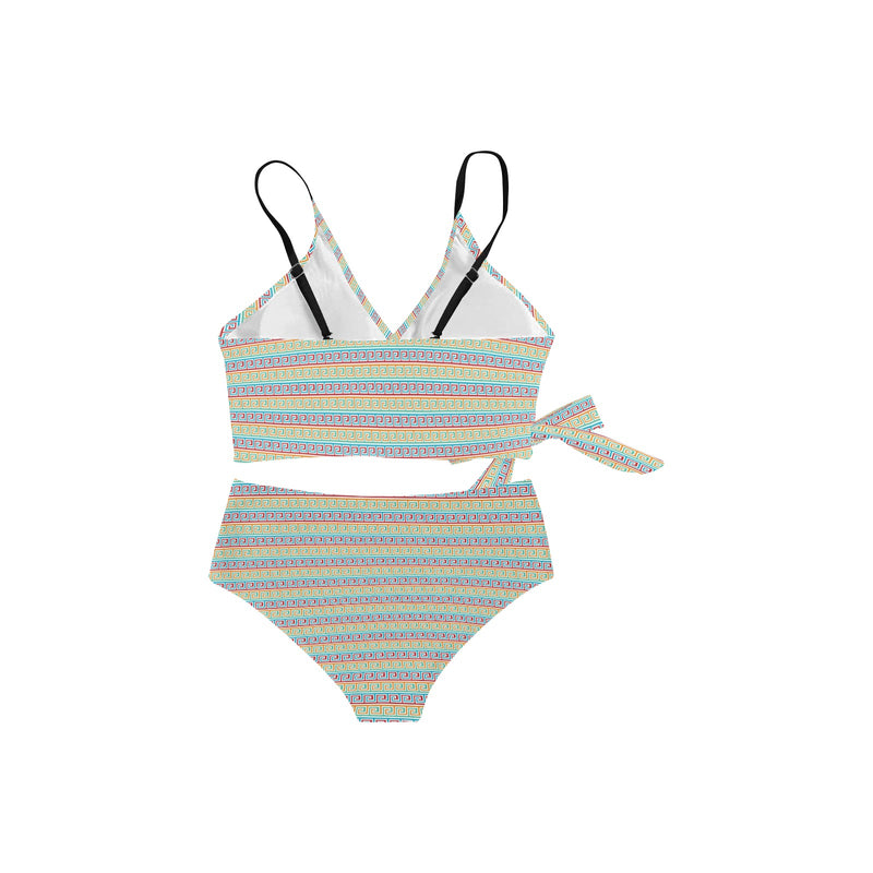 greek key light colors print 2 Knot Side Bikini Swimsuit (Model S37) - Objet D'Art