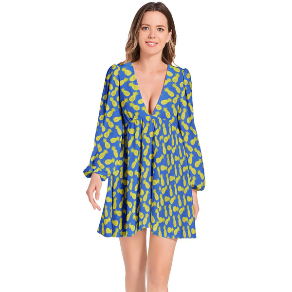 Pineapple Print Lantern Sleeve Deep V-Neck Short Dress - Objet D'Art