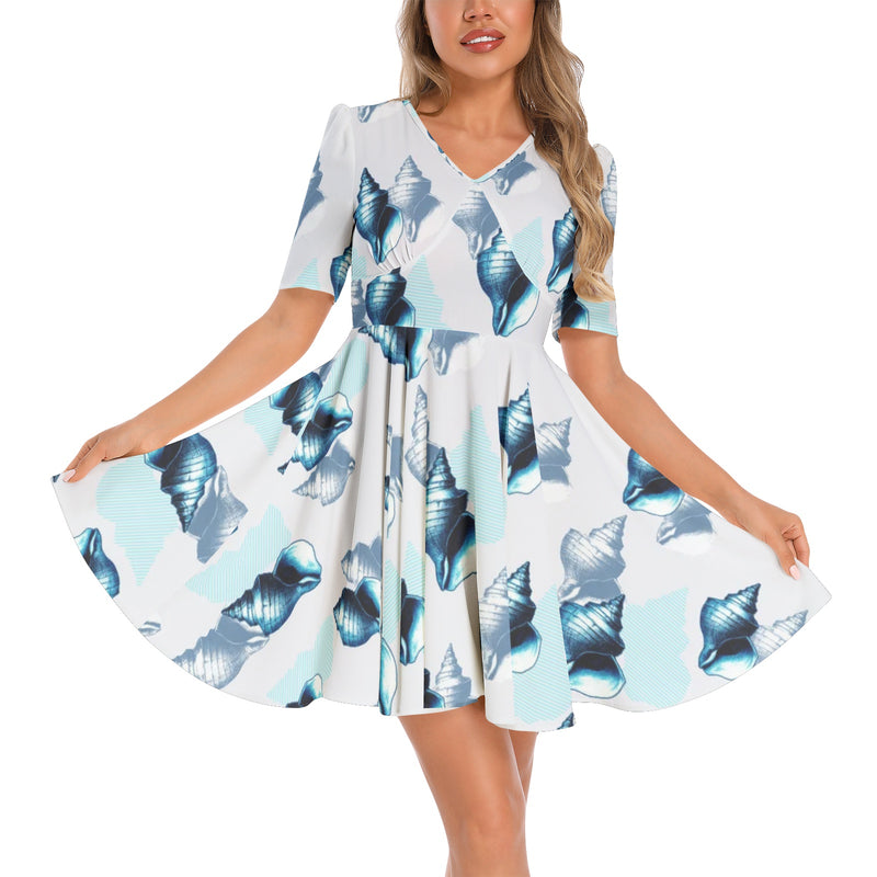 Short Sleeve Ruched Bust Flared Hem Dress - Objet D'Art