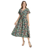 Floral Bouquet Flutter Sleeve Drawstring Waist Flared Dress - Objet D'Art