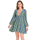 Pineapple Print Lantern Sleeve Deep V-Neck Short Dress - Objet D'Art