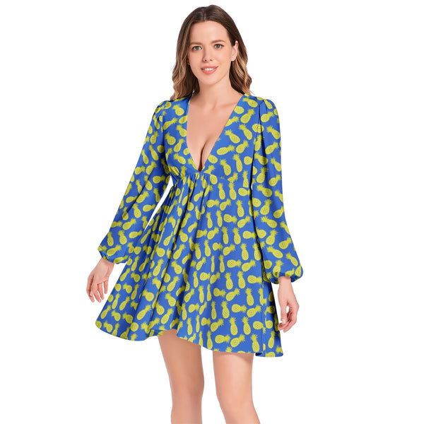 Pineapple Print Lantern Sleeve Deep V-Neck Short Dress - Objet D'Art