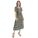 Floral Bouquet Flutter Sleeve Drawstring Waist Flared Dress - Objet D'Art