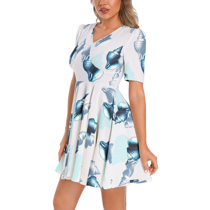Short Sleeve Ruched Bust Flared Hem Dress - Objet D'Art