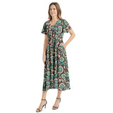 Floral Bouquet Flutter Sleeve Drawstring Waist Flared Dress - Objet D'Art