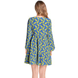 Pineapple Print Lantern Sleeve Deep V-Neck Short Dress - Objet D'Art