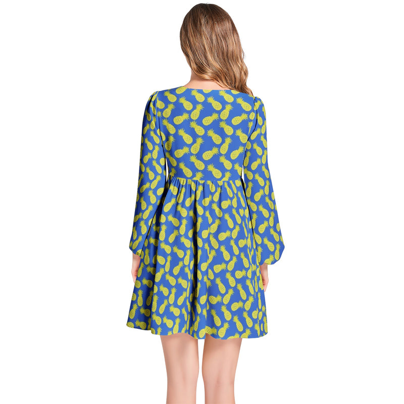 Pineapple Print Lantern Sleeve Deep V-Neck Short Dress - Objet D'Art