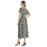 Floral Bouquet Flutter Sleeve Drawstring Waist Flared Dress - Objet D'Art