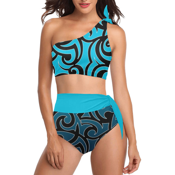 light blue print High Waisted One Shoulder Bikini Set (Model S16) - Objet D'Art